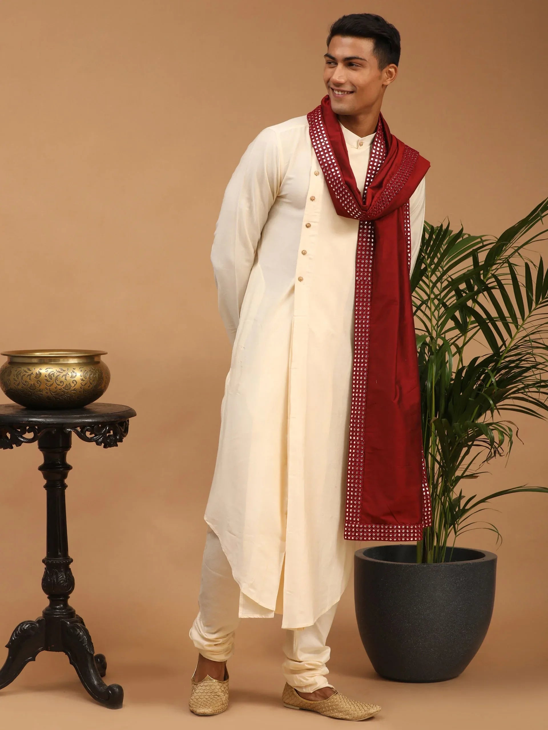 Men's Cream Pleated Kurta And Churidar Set With Maroon Mirror Dupatta
