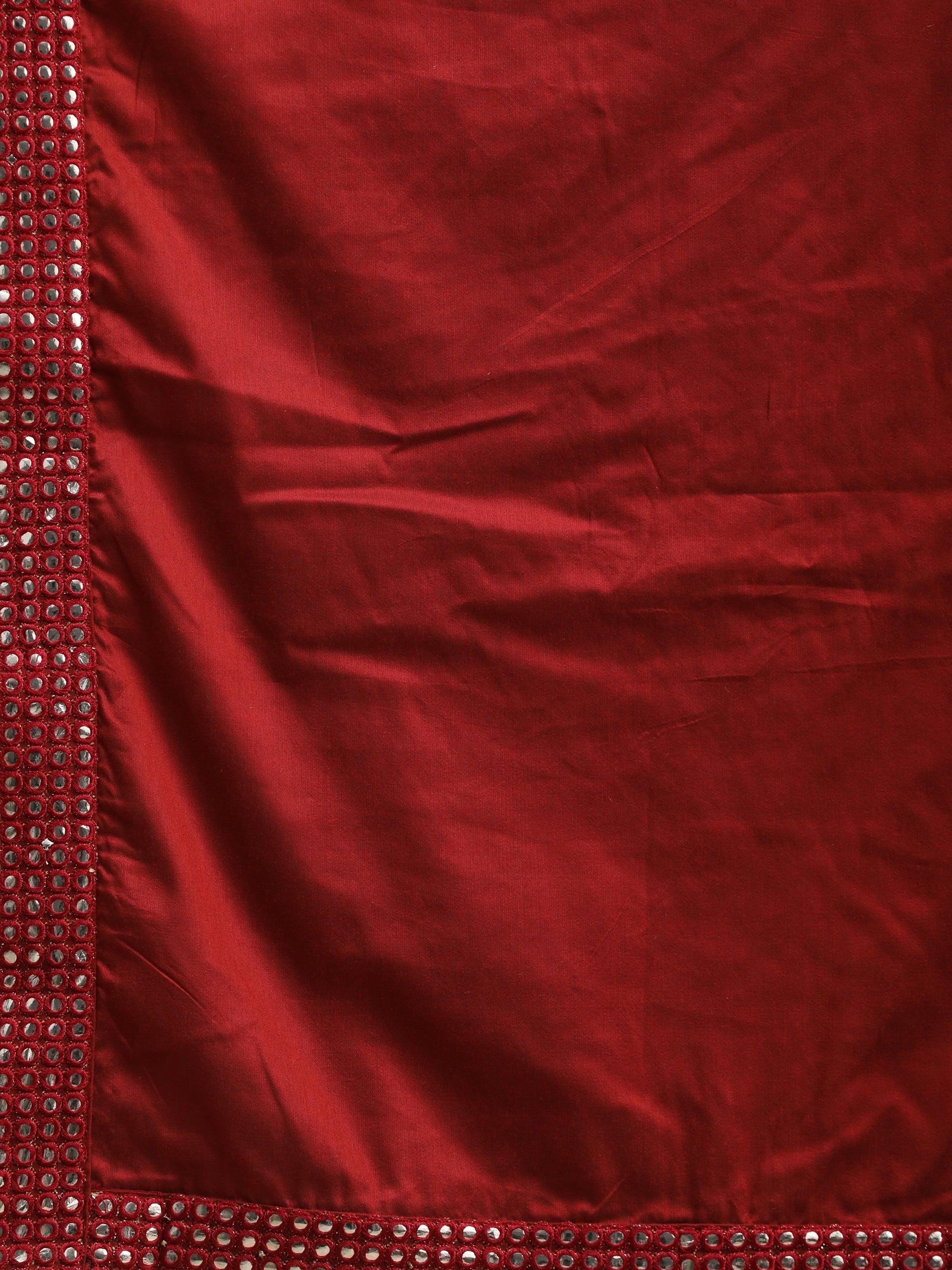 Men's Cream Pleated Kurta And Churidar Set With Maroon Mirror Dupatta