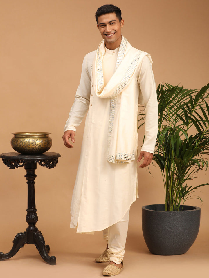 Vastramay Men's Cream Pleated Kurta And Churidar Set With Mirror Dupatta