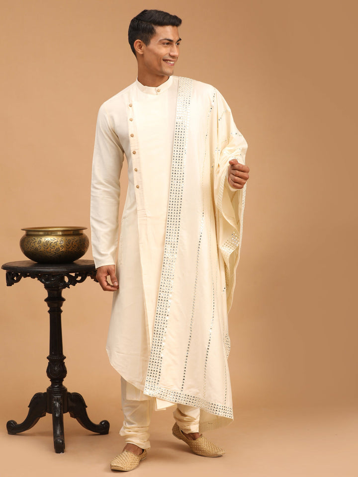 Vastramay Men's Cream Pleated Kurta And Churidar Set With Cream Vertical Mirror Dupatta