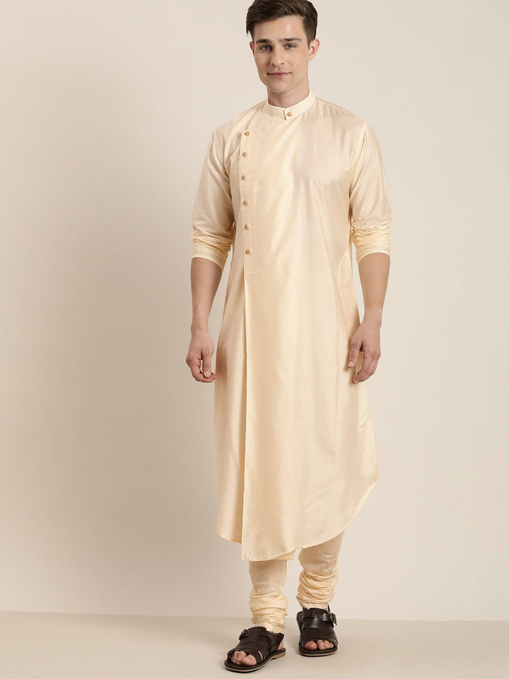 Vastramay Men's Cream Pleated Kurta With Churidar Set