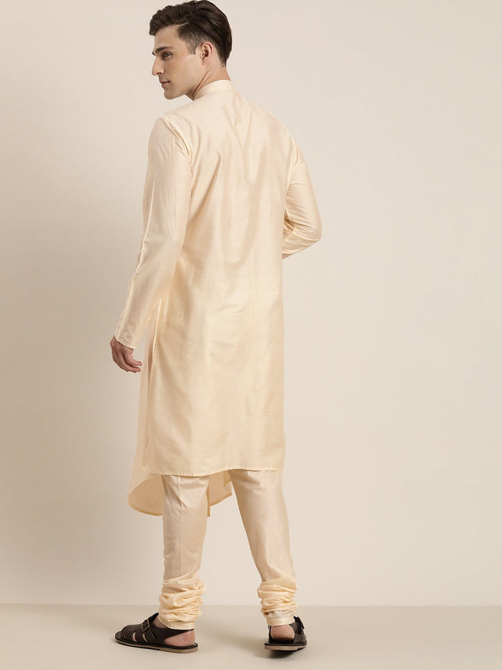 Vastramay Men's Cream Pleated Kurta With Churidar Set