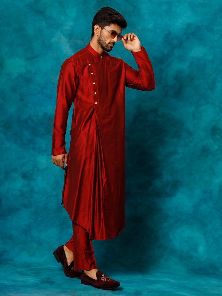 Vastramay Men's Maroon Viscose Blend Kurta Pyjama Set