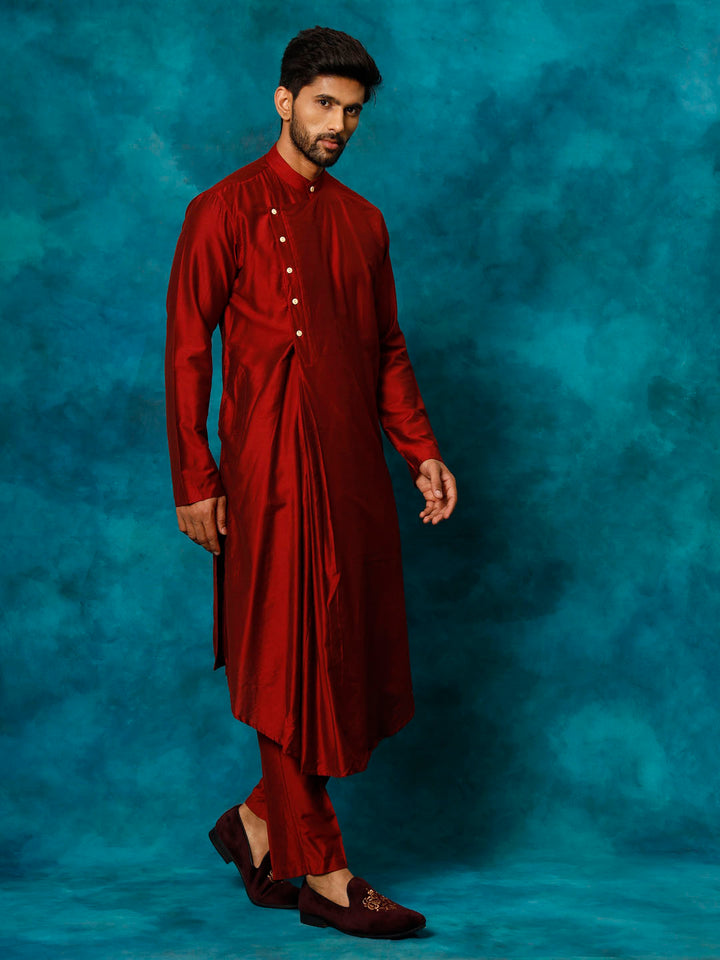 Vastramay Men's Maroon Viscose Blend Kurta Pyjama Set