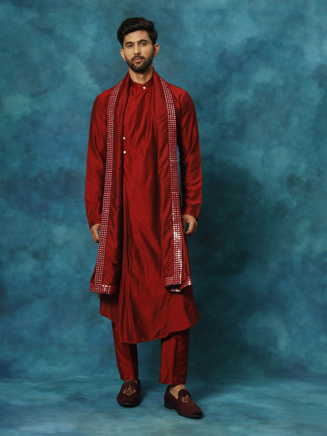 Vastramay Men's Maroon Pleated Kurta Pant With Dupatta Set