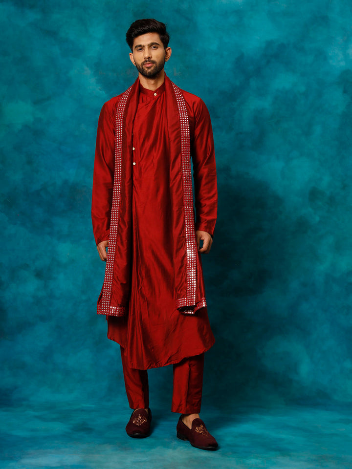 Vastramay Men's Maroon Pleated Kurta Pant With Dupatta Set