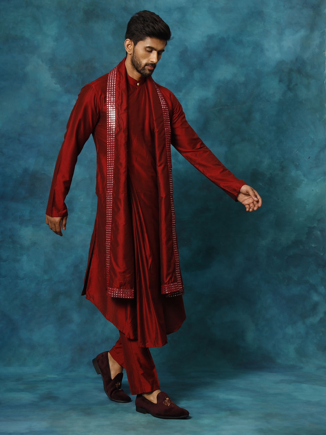 Vastramay Men's Maroon Pleated Kurta Pant With Dupatta Set