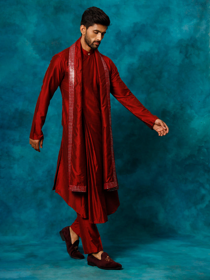 Vastramay Men's Maroon Pleated Kurta Pant With Dupatta Set