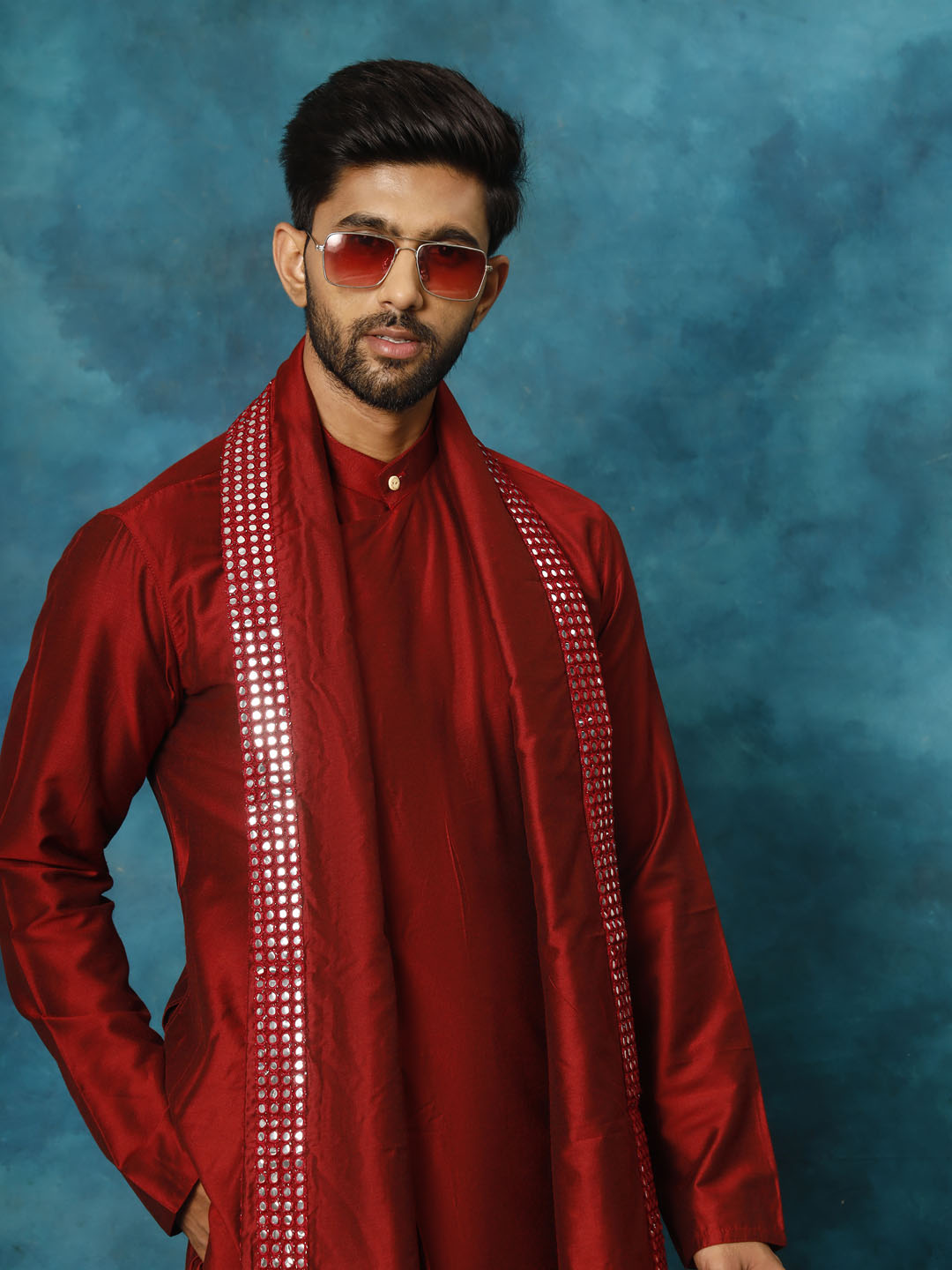 Vastramay Men's Maroon Pleated Kurta Pant With Dupatta Set