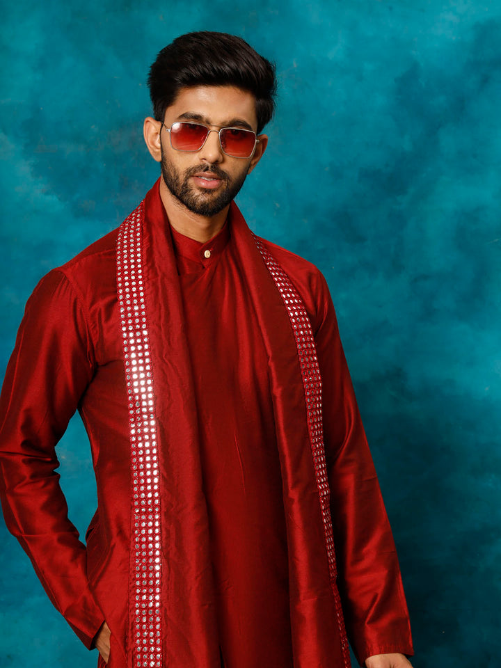 Vastramay Men's Maroon Pleated Kurta Pant With Dupatta Set