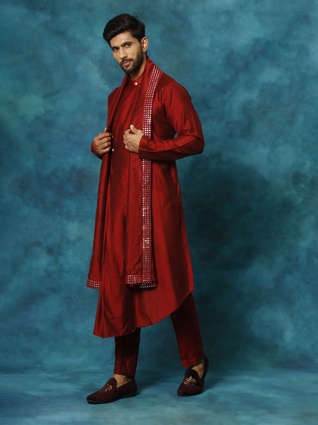 Vastramay Men's Maroon Pleated Kurta Pant With Dupatta Set