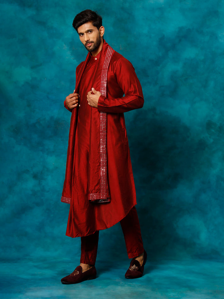 Vastramay Men's Maroon Pleated Kurta Pant With Dupatta Set