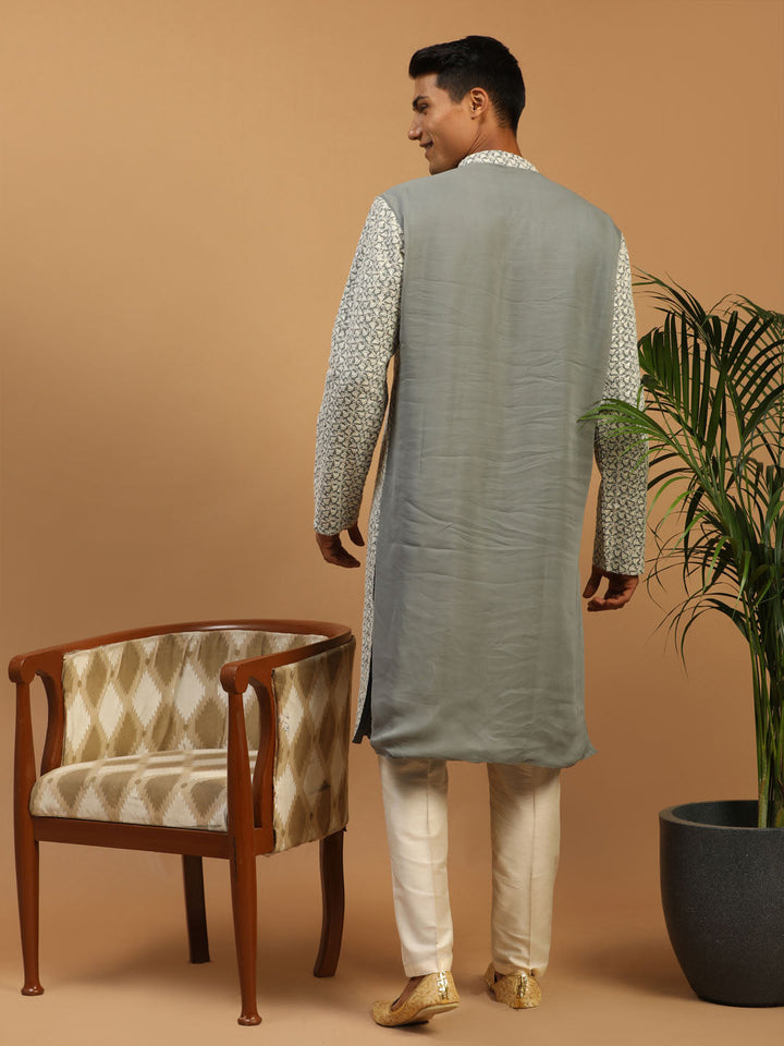 Vastramay Men's Grey Ethnic Chikankari Kurta Pant Set