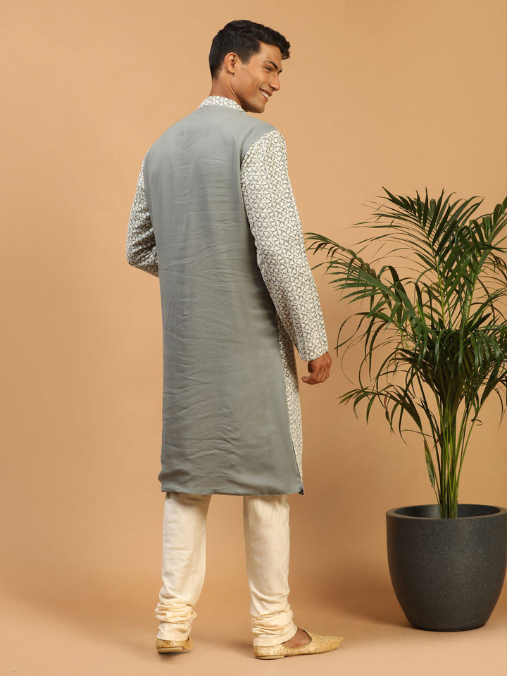 Vastramay Men's Grey Ethnic Chikankari Kurta Pyjama Set