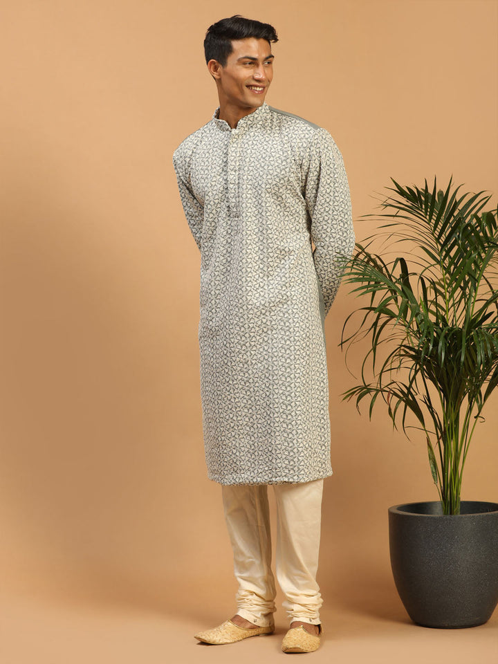 Vastramay Men's Grey Ethnic Chikankari Kurta Pyjama Set