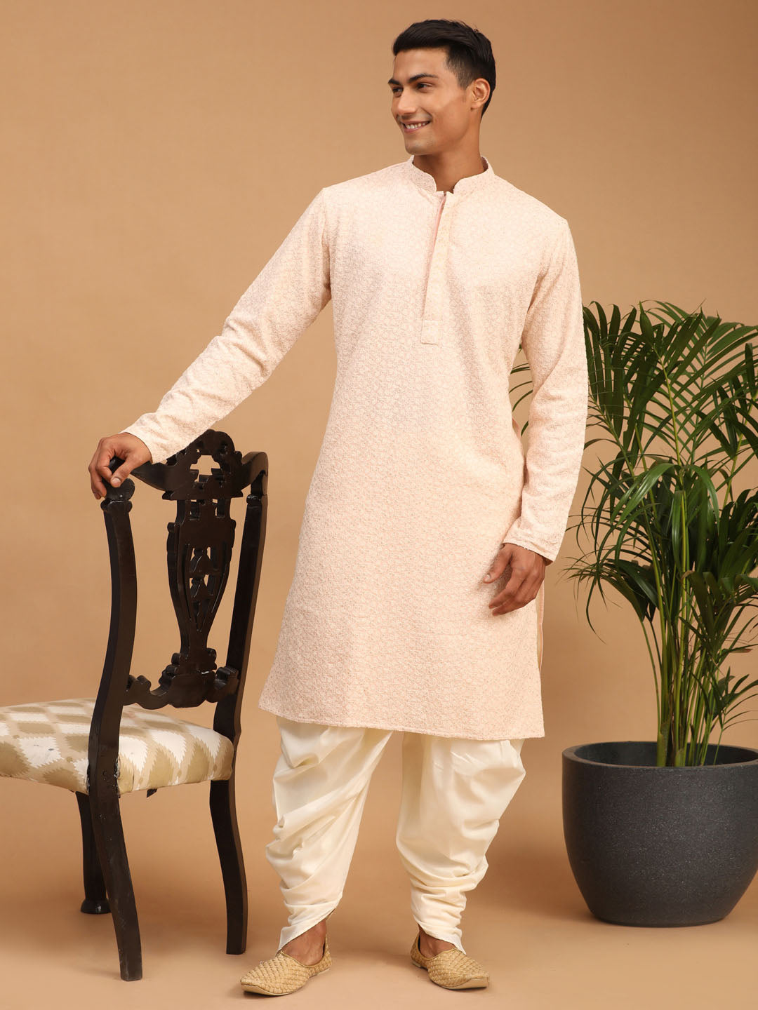 Vastramay Men's Pink Ethnic chikankari Kurta Dhoti set