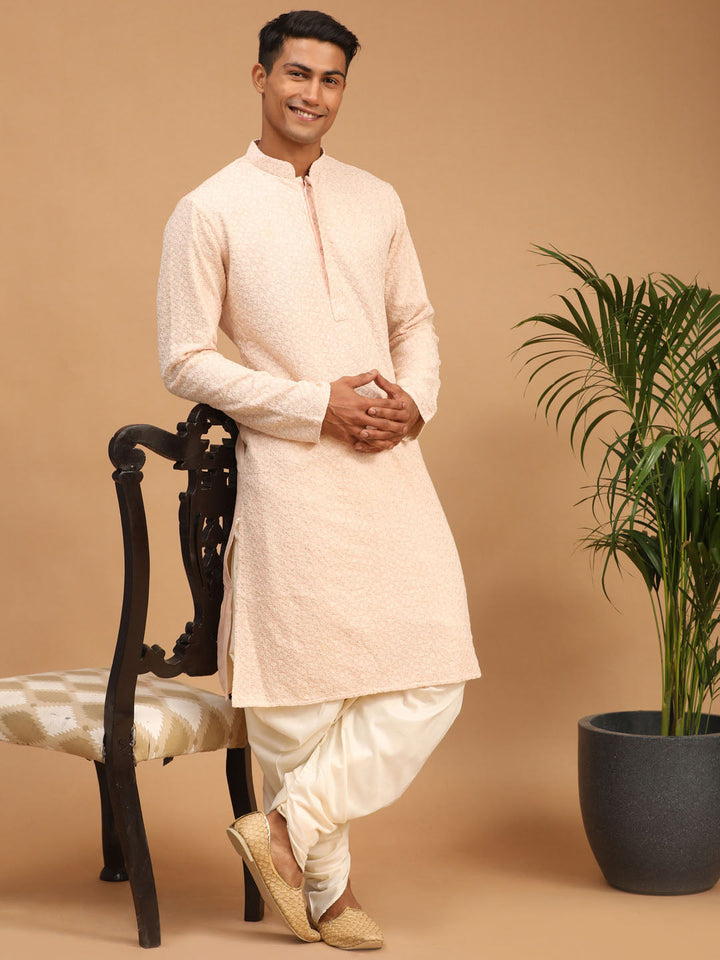 Vastramay Men's Pink Ethnic chikankari Kurta Dhoti set