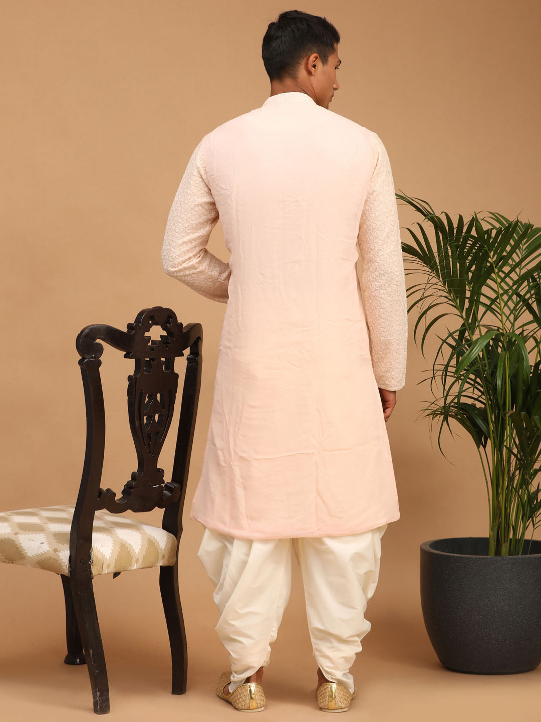 Vastramay Men's Pink Ethnic chikankari Kurta Dhoti set