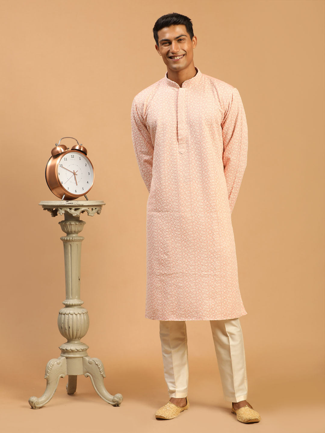 Vastramay Men's Pink Ethnic Chikankari Kurta pant Set