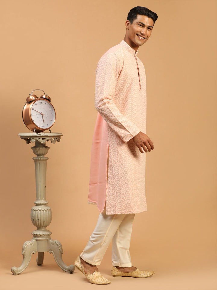 Vastramay Men's Pink Ethnic Chikankari Kurta pant Set