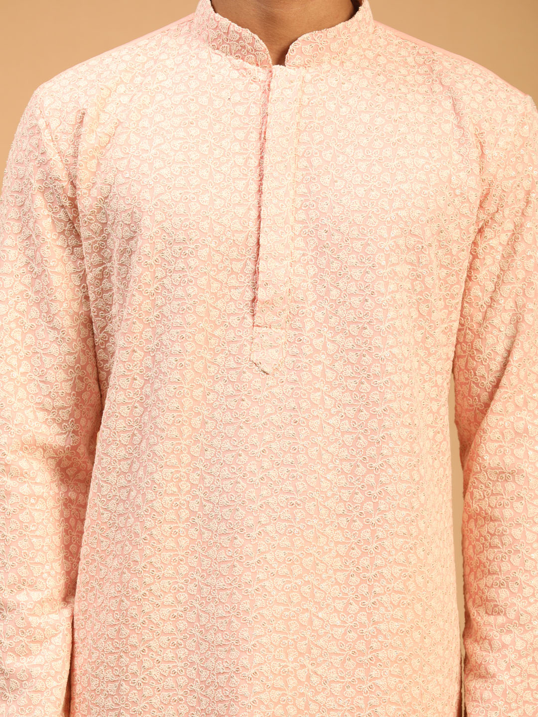 Vastramay Men's Pink Ethnic Chikankari Kurta pant Set