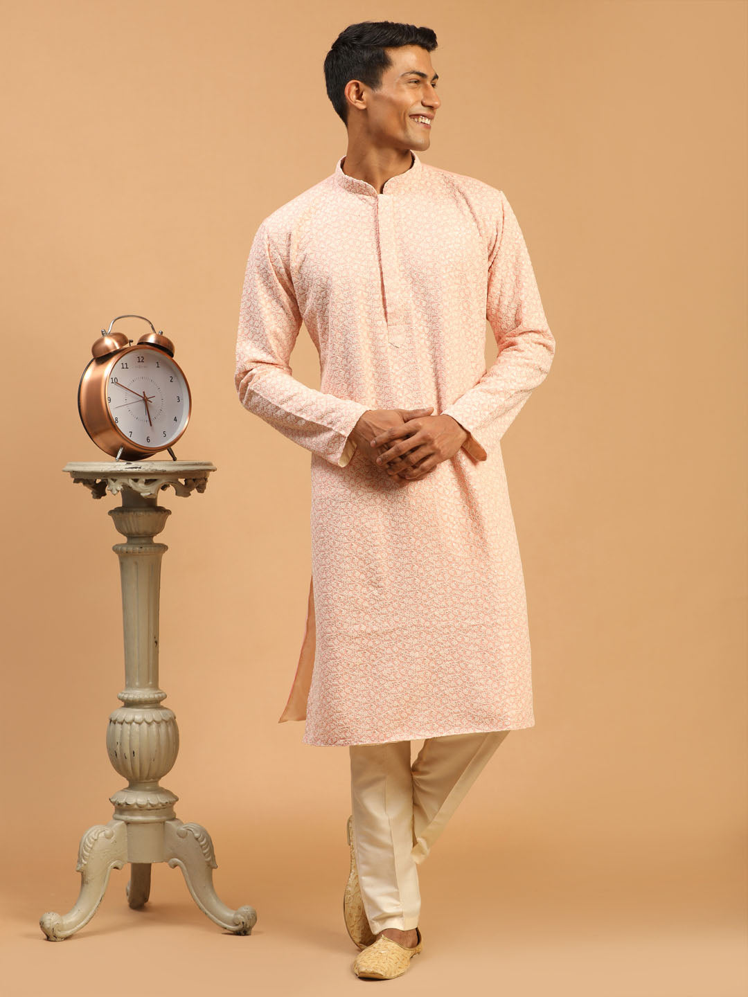 Vastramay Men's Pink Ethnic Chikankari Kurta pant Set