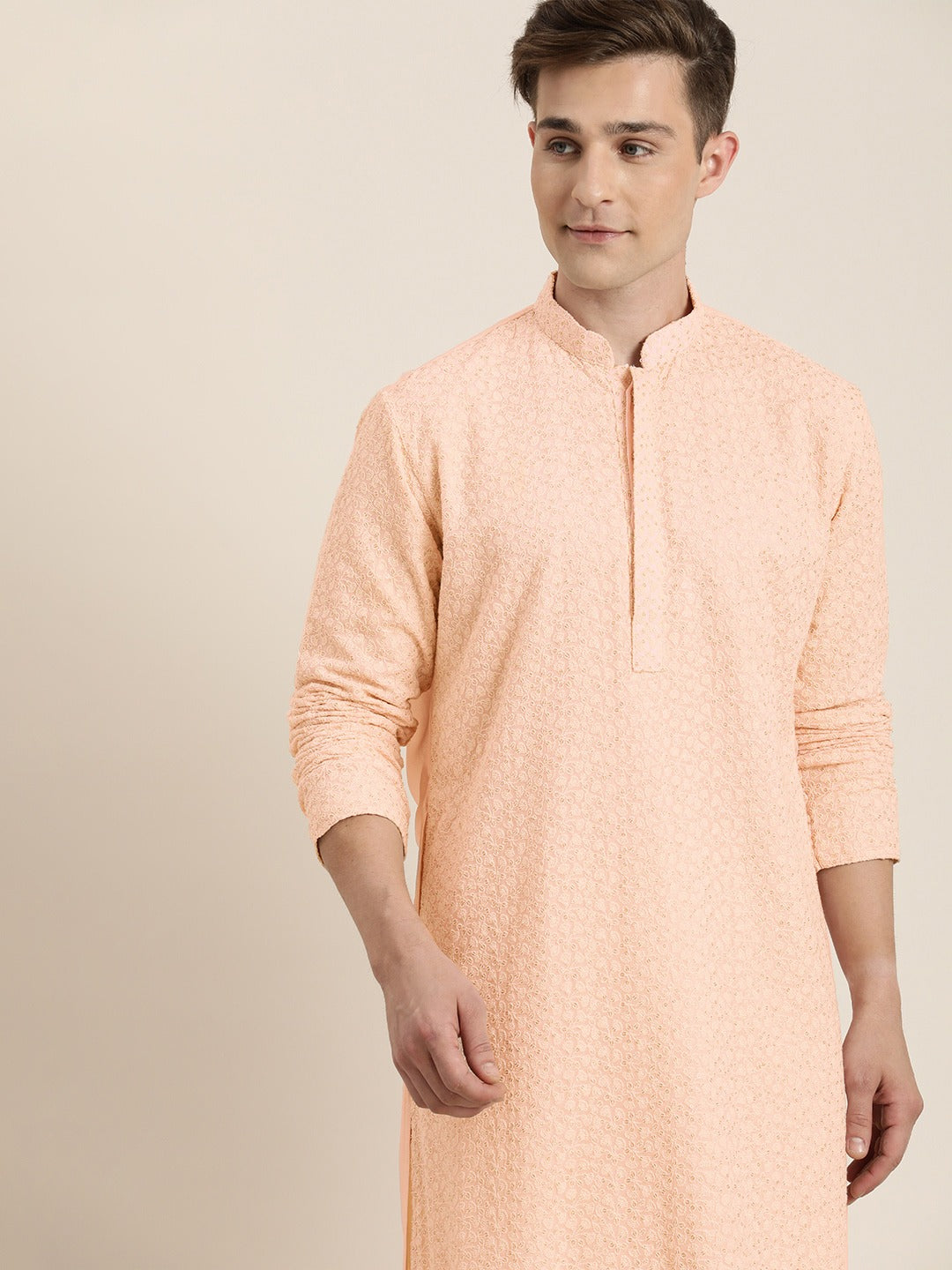 Vastramay Men's Pink Ethnic Chikankari Kurta Pyjama Set