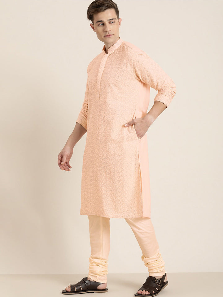 Vastramay Men's Pink Ethnic Chikankari Kurta Pyjama Set