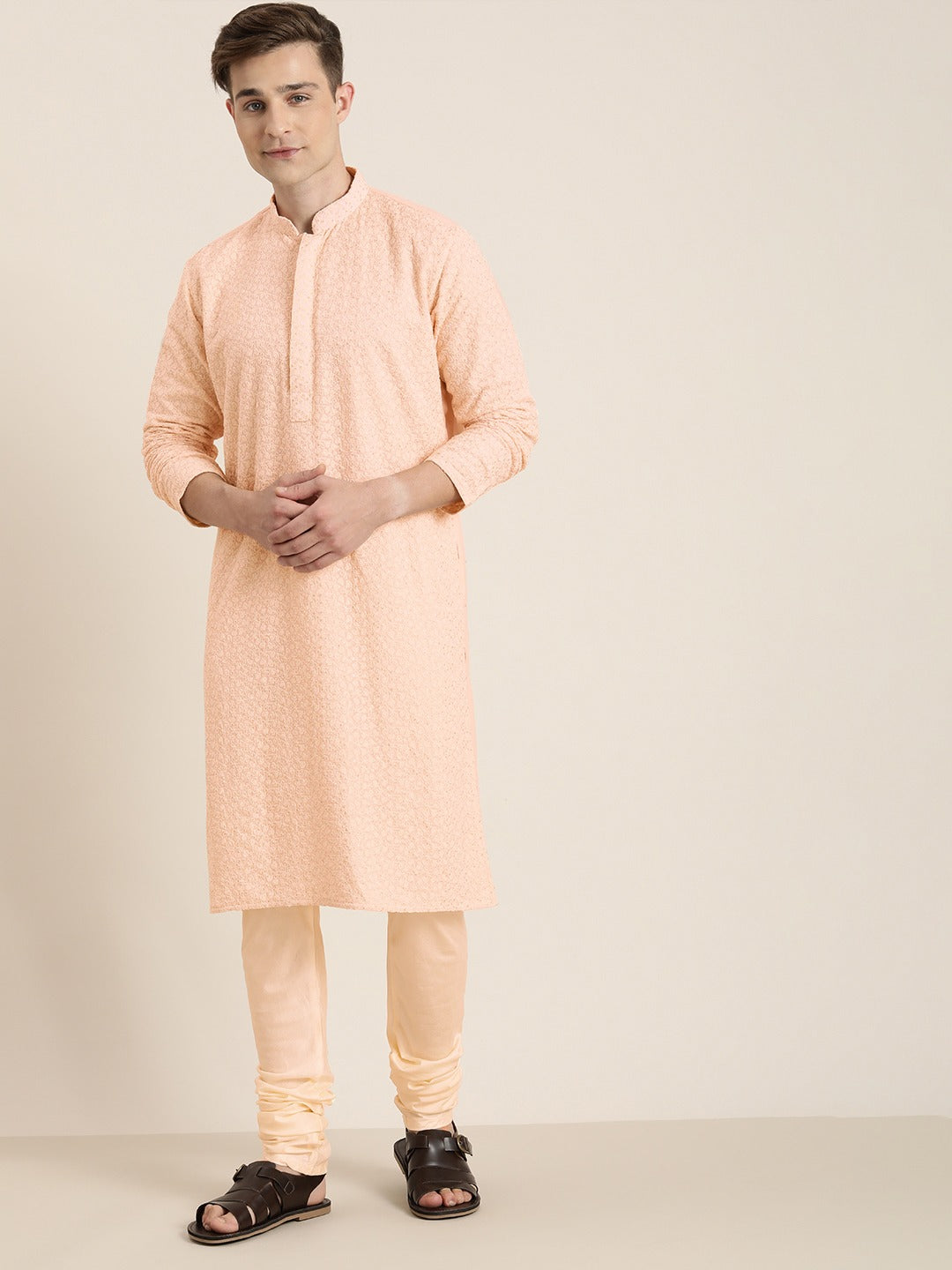 Vastramay Men's Pink Ethnic Chikankari Kurta Pyjama Set