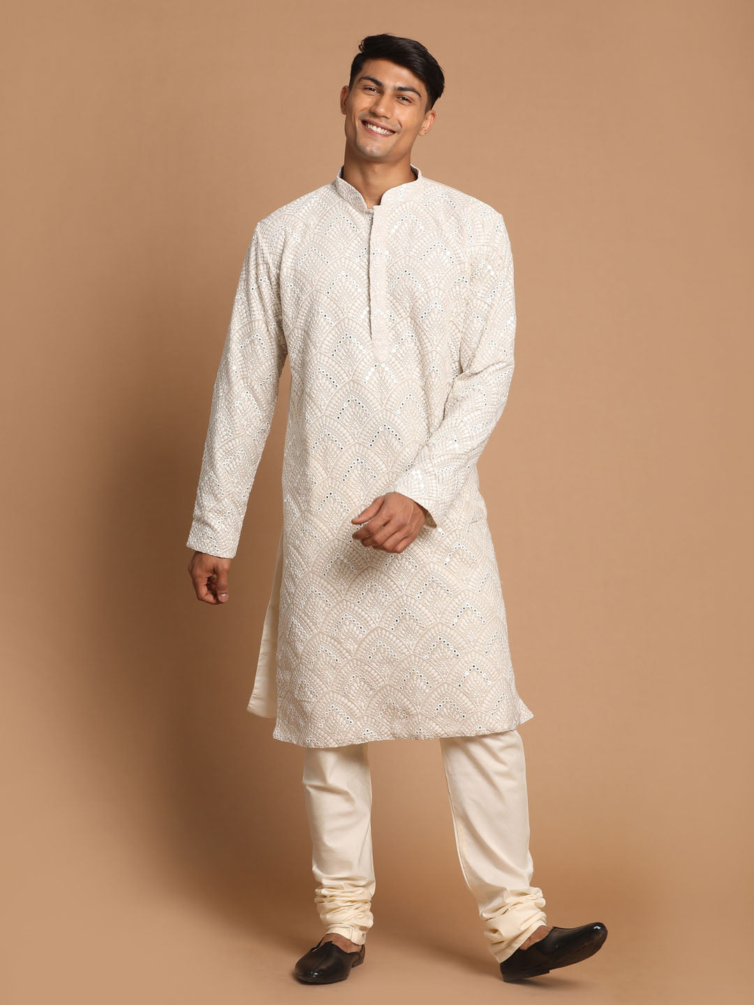 Vastramay Men's Grey Ethnic Mirror Kurta With Pyjama Set