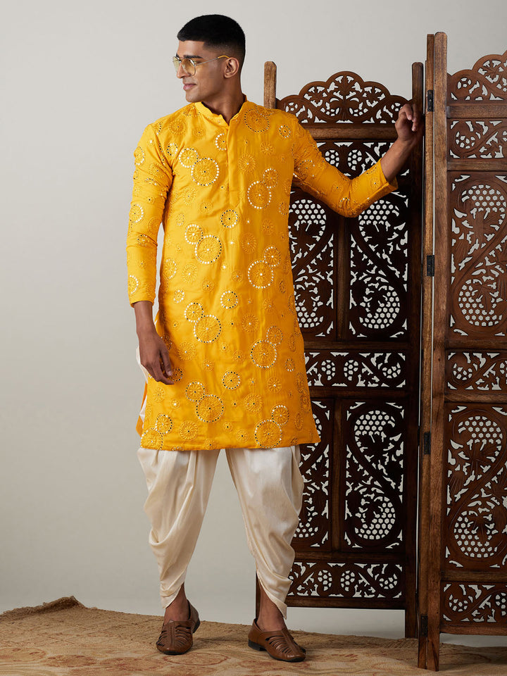 Vastramay Men's Yellow Embroidered Kurta Dhoti Set