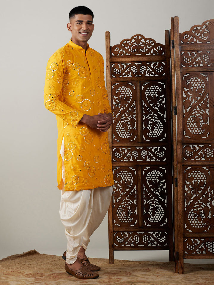 Vastramay Men's Yellow Embroidered Kurta Dhoti Set