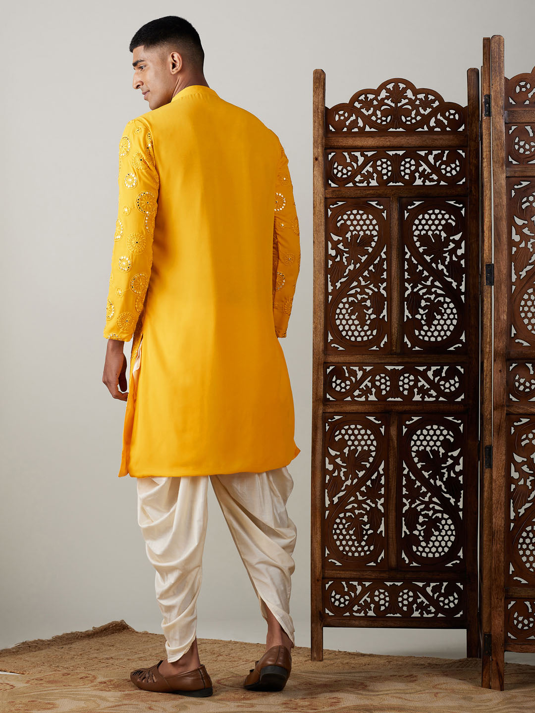 Vastramay Men's Yellow Embroidered Kurta Dhoti Set