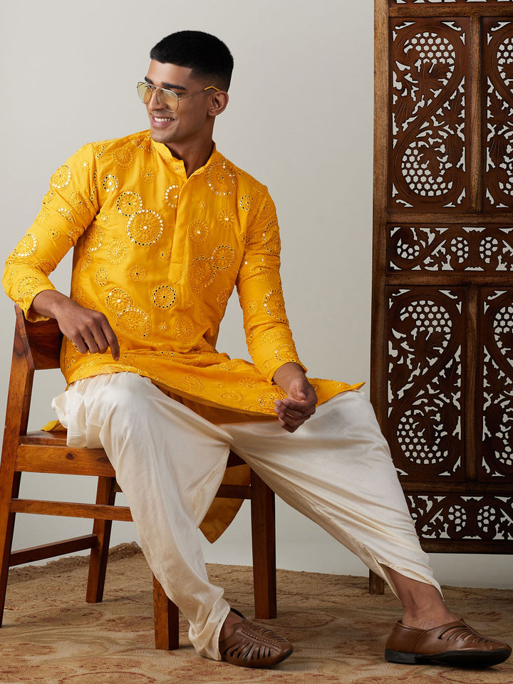 Vastramay Men's Yellow Embroidered Kurta Dhoti Set