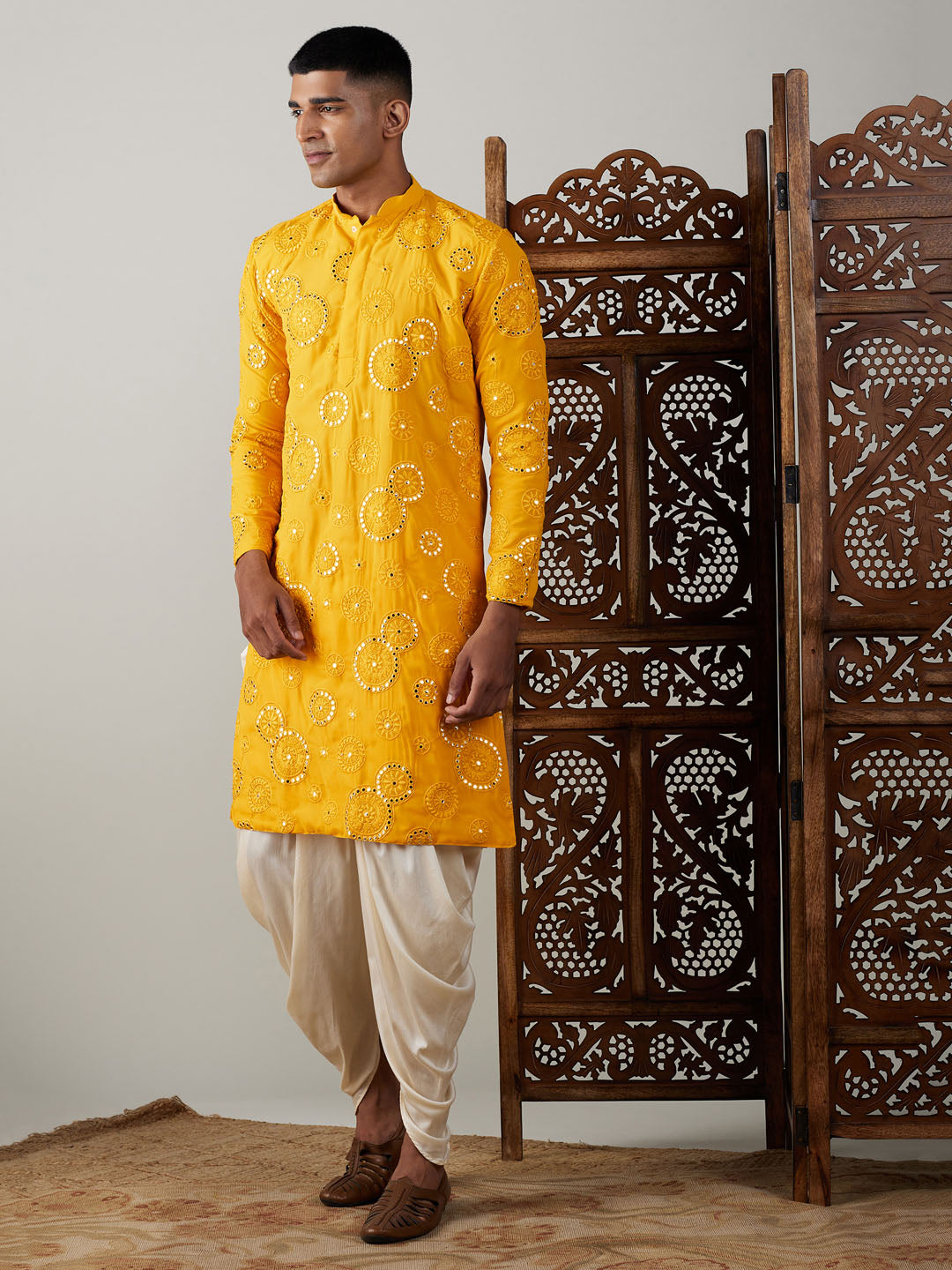 Vastramay Men's Yellow Embroidered Kurta Dhoti Set