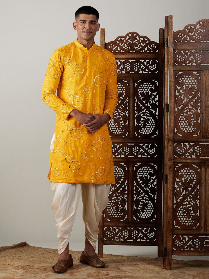 Vastramay Men's Yellow Embroidered Kurta Dhoti Set