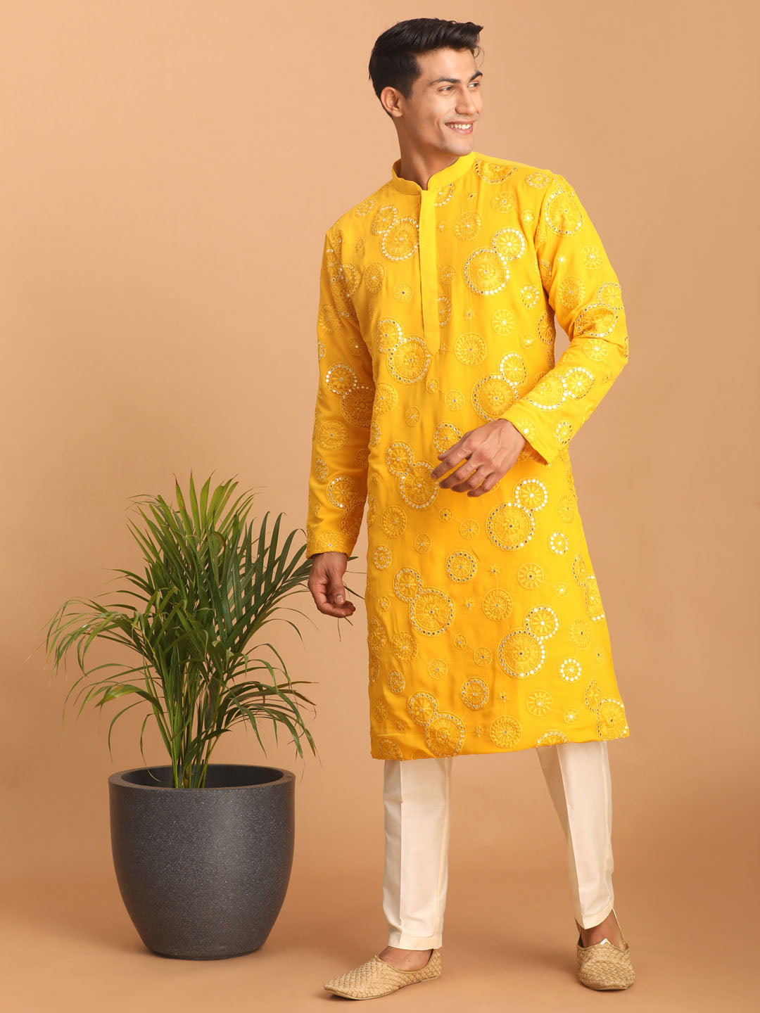 Men's Yellow Embroidered Kurta Pant Set