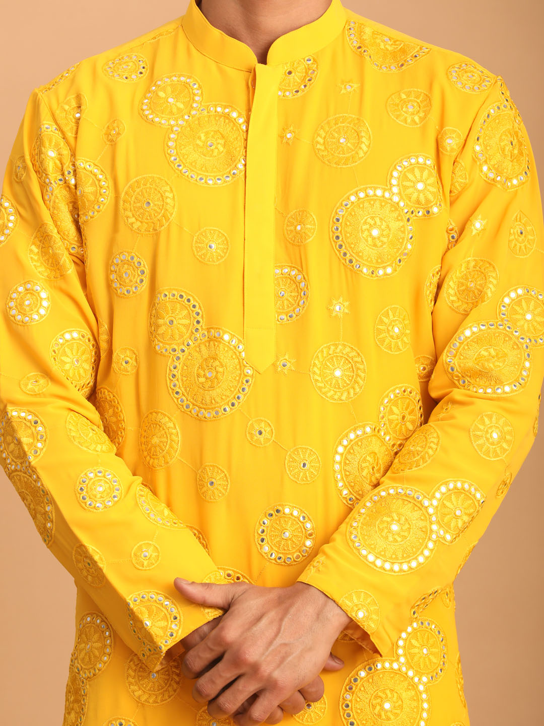 Men's Yellow Embroidered Kurta Pant Set