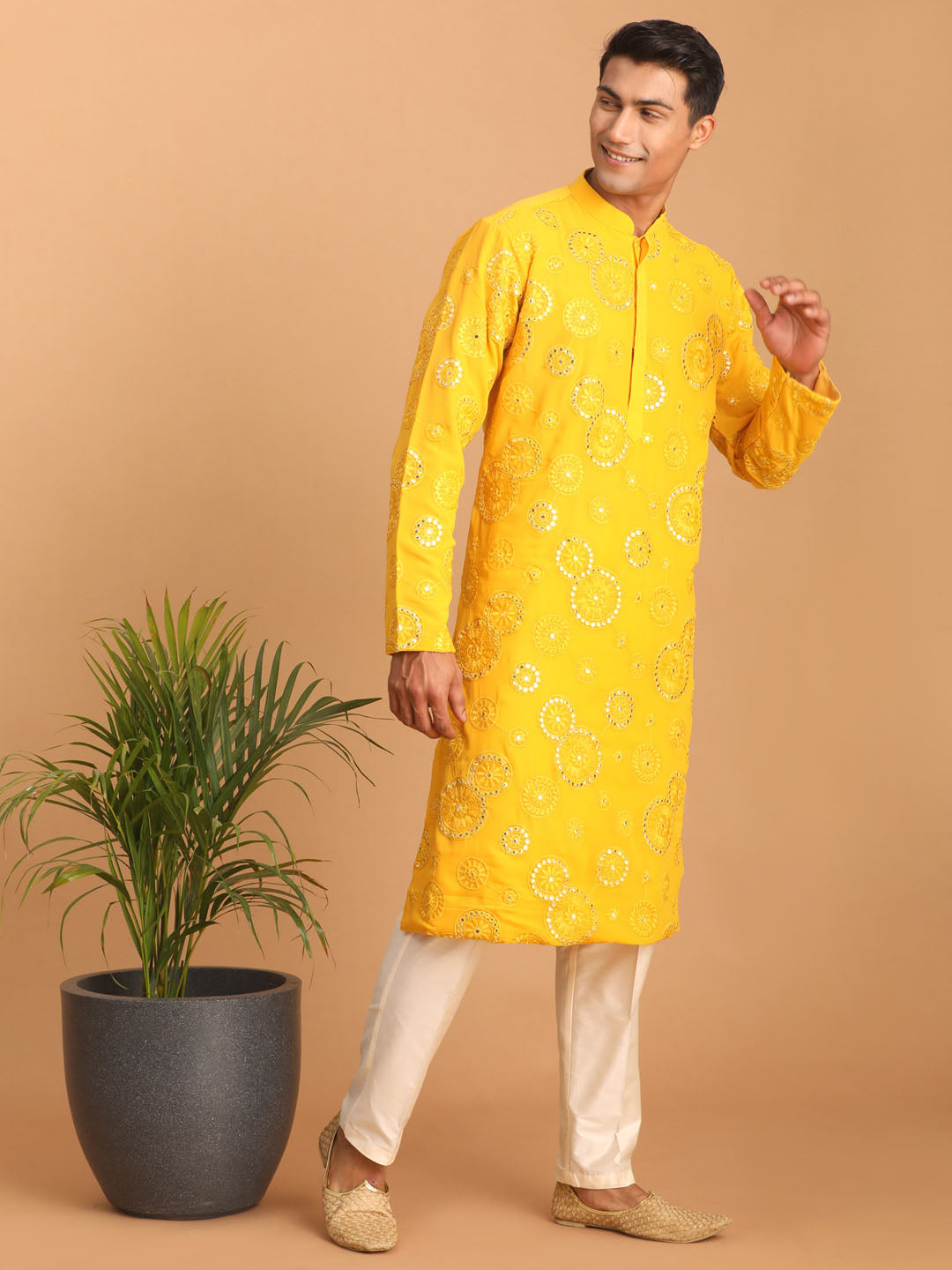 Men's Yellow Embroidered Kurta Pant Set