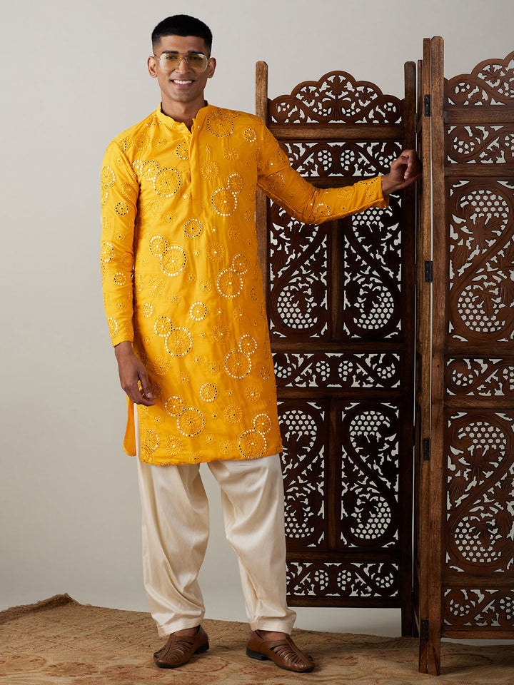 Vastramay Men's Yellow Embroidered Kurta Patiala Set