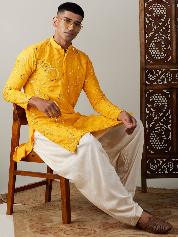 Vastramay Men's Yellow Embroidered Kurta Patiala Set