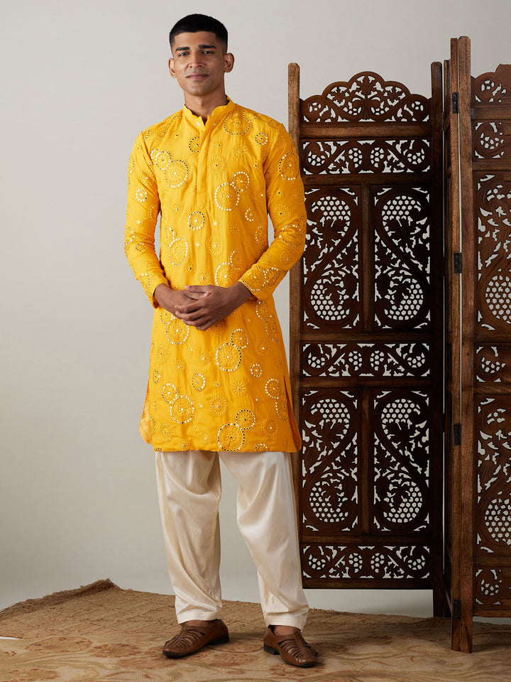 Vastramay Men's Yellow Embroidered Kurta Patiala Set