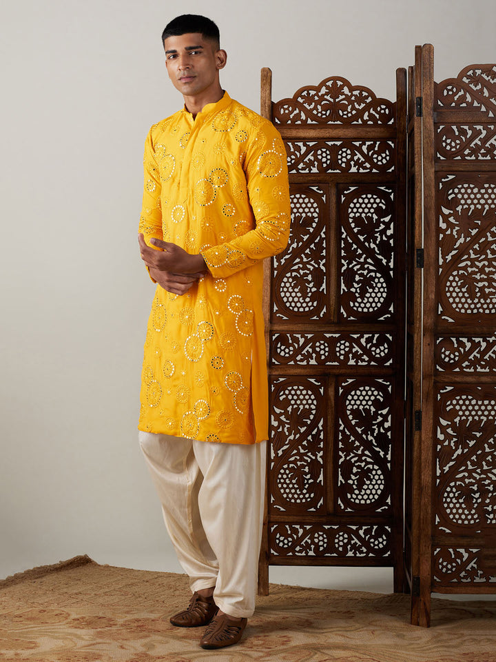 Vastramay Men's Yellow Embroidered Kurta Patiala Set