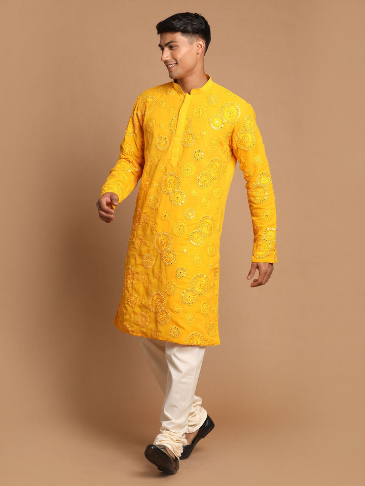 Vastramay Men's Yellow Embroidered Kurta Pyjama Set