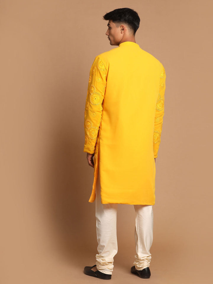 Vastramay Men's Yellow Embroidered Kurta Pyjama Set