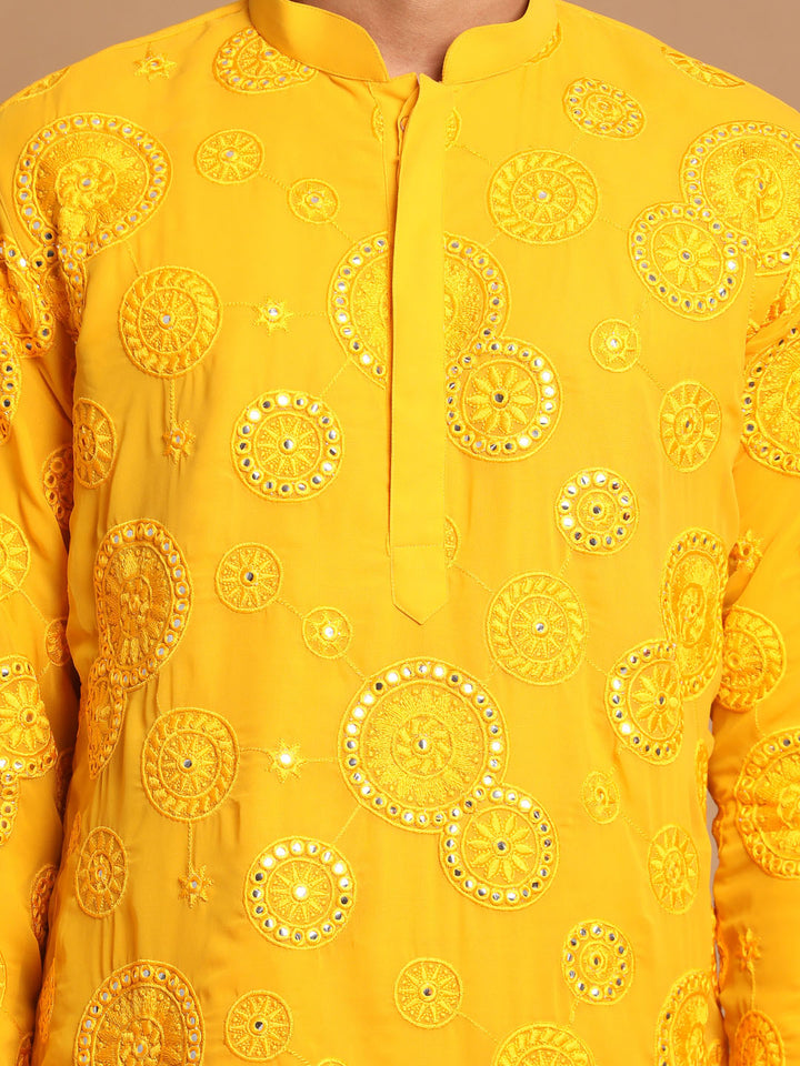 Vastramay Men's Yellow Embroidered Kurta Pyjama Set