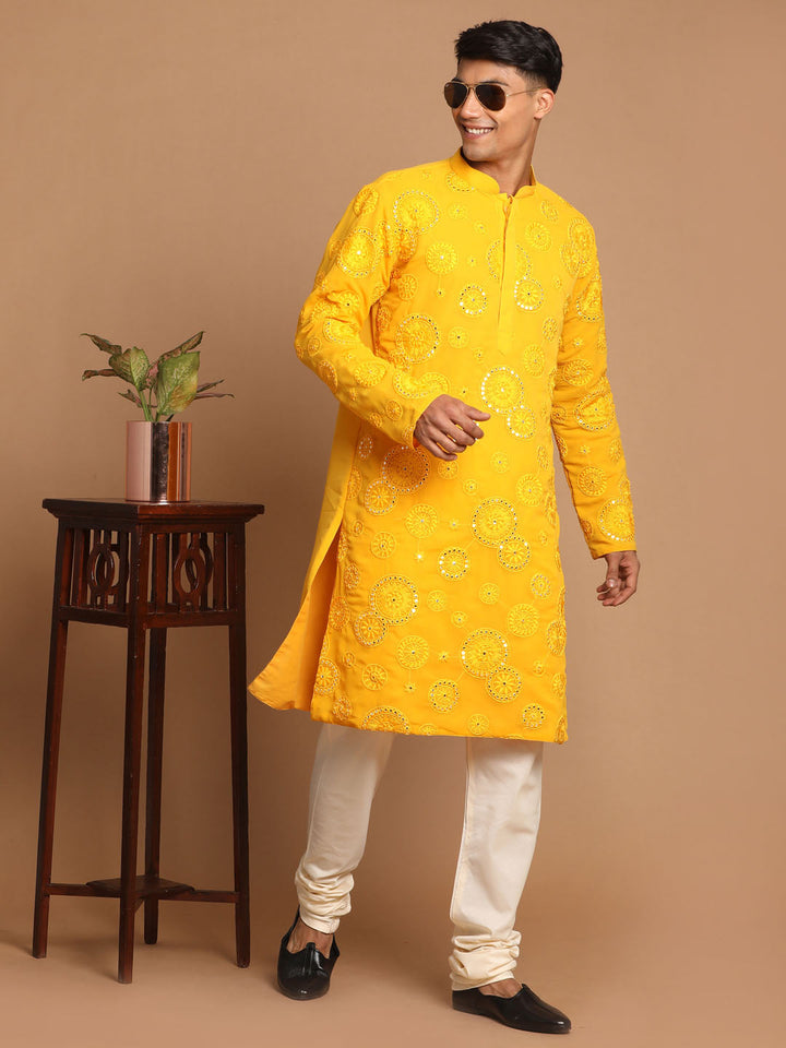 Vastramay Men's Yellow Embroidered Kurta Pyjama Set