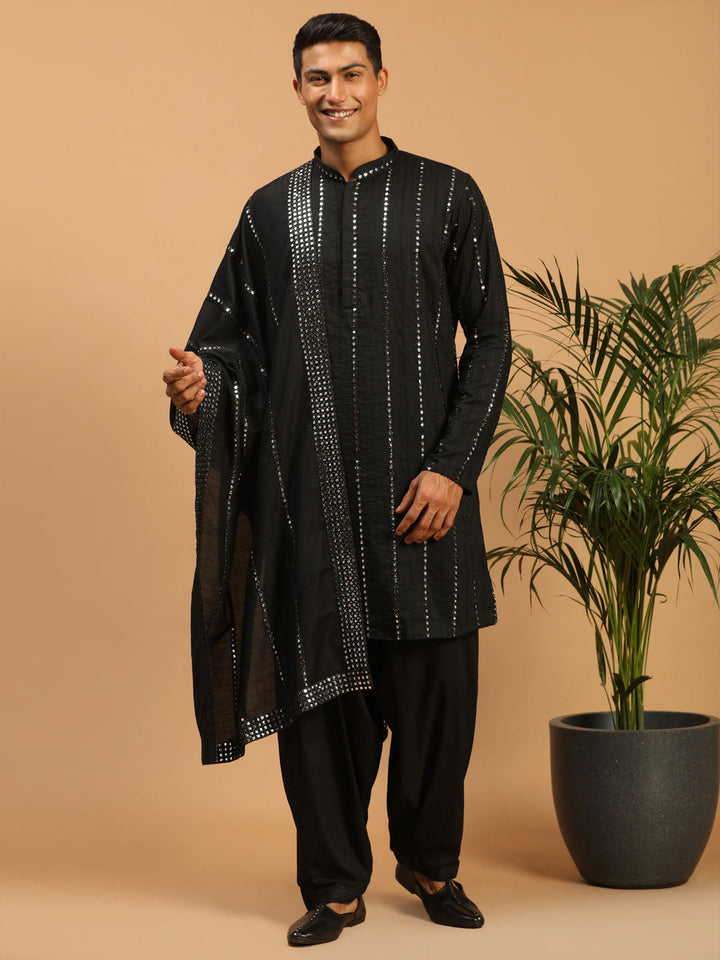 Vastramay Men's Black Mirror Kurta With Patiala And Dupatta set