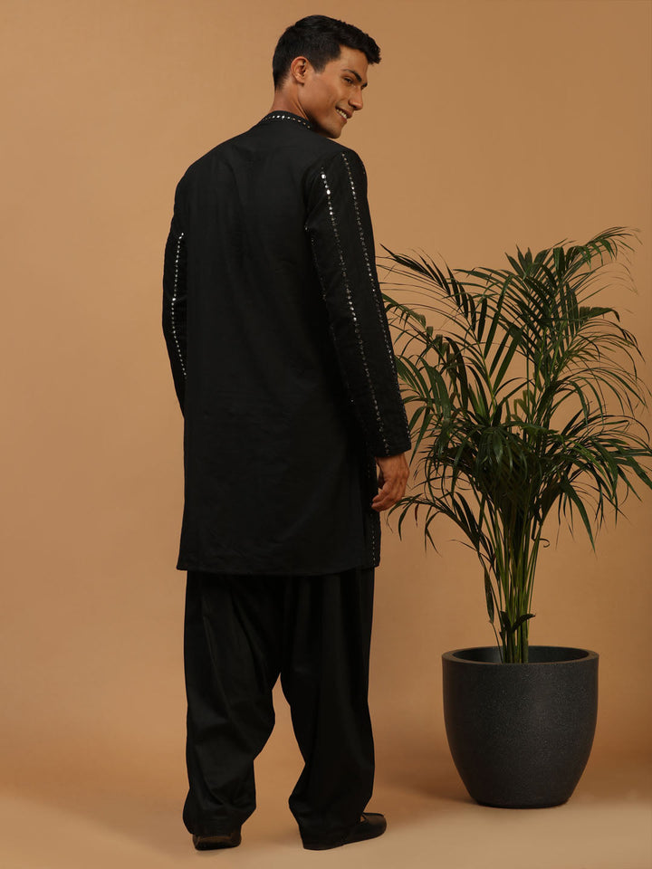 Vastramay Men's Black Mirror Kurta With Patiala And Dupatta set