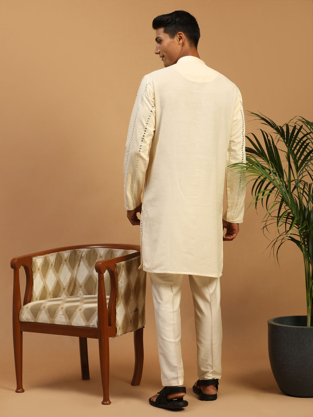 Vastramay Men's Cream Mirror Kurta Pant Set